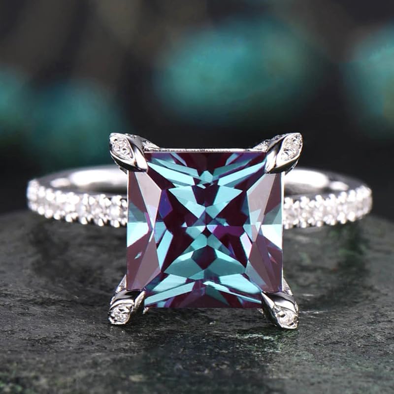 Htayekog Blue quadriprong Square Zircon Ring Promise Rings for her, Diamond Ring Eternity Rings Cocktail Ring 18K Gold Plated for Women Square cz Engagement Ring Promise Engagement Band Size 6-10（6） - Image 5